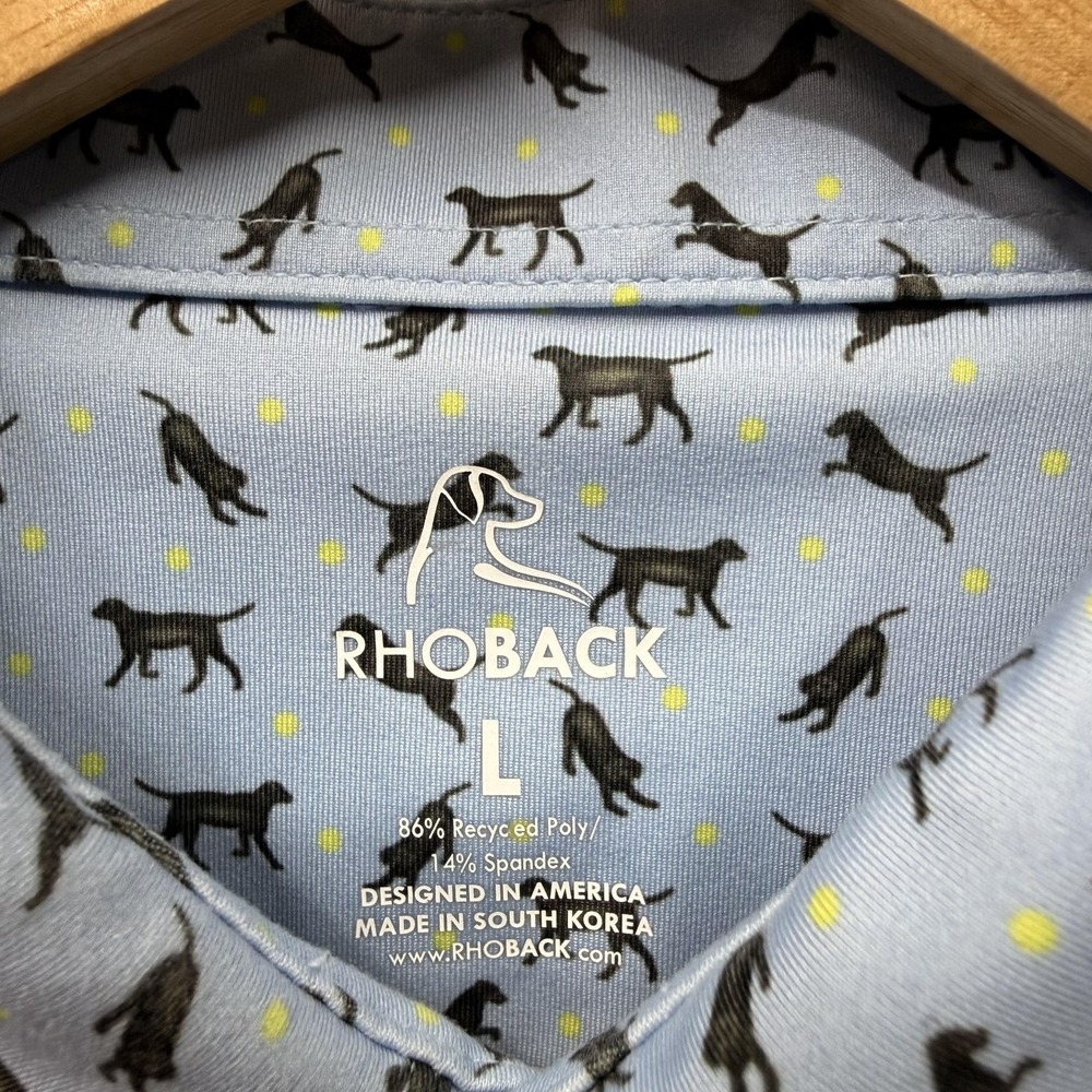 Rhoback Polo Shirt Mens Large Blue Dog Print Performance Golf Stretch - Picture 3 of 7